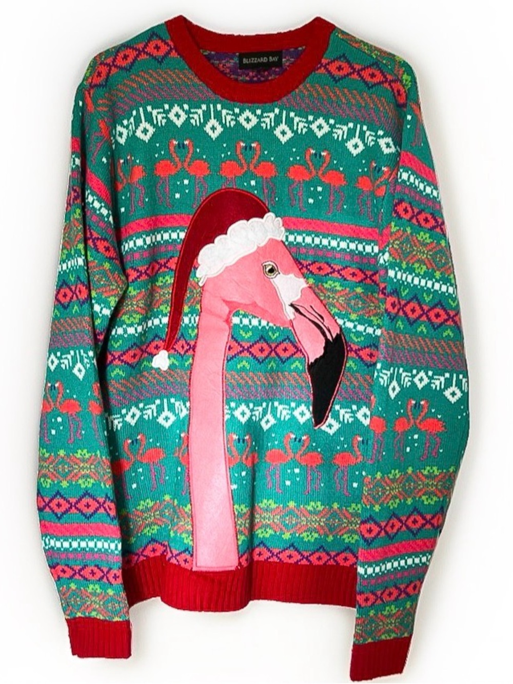 Blizzard Bay Unisex Ugly Christmas Sweater Size Large Pink Flamingo Santa Hat